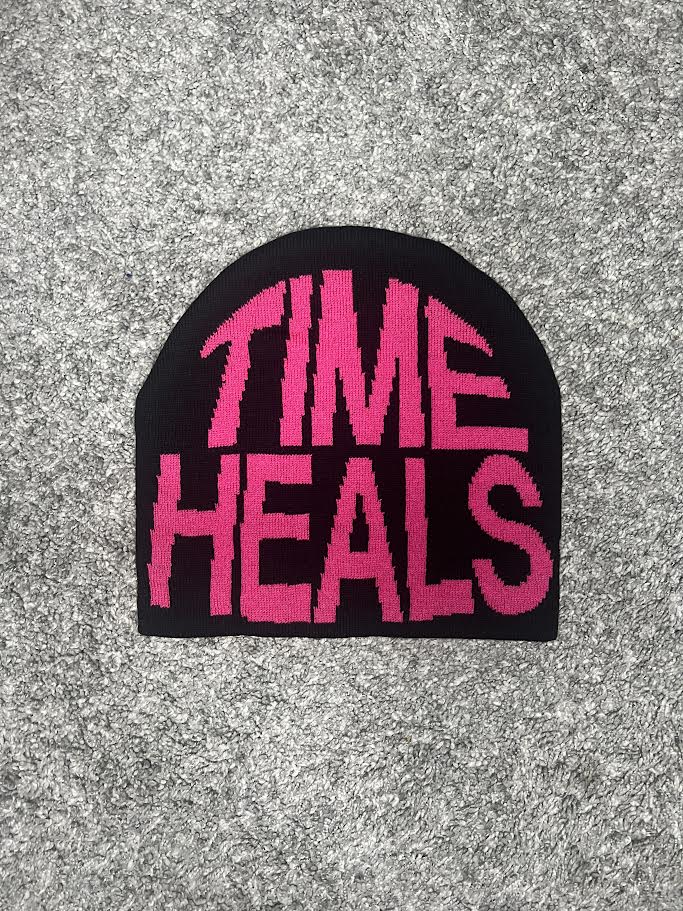 "TIME HEALS" Black/Pink Jacquard Woven Beanie