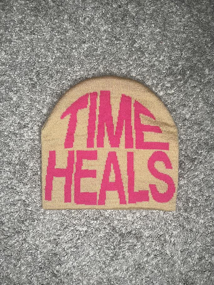 "TIME HEALS" Tan/Pink Jacquard Woven Beanie