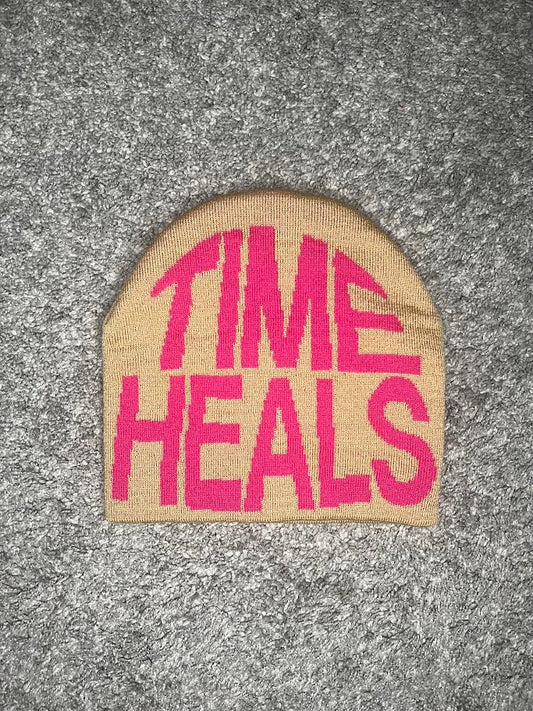 "TIME HEALS" Tan/Pink Jacquard Woven Beanie