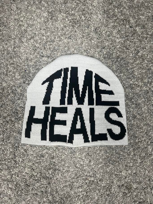 "TIME HEALS" White/Black Jacquard Woven Beanie