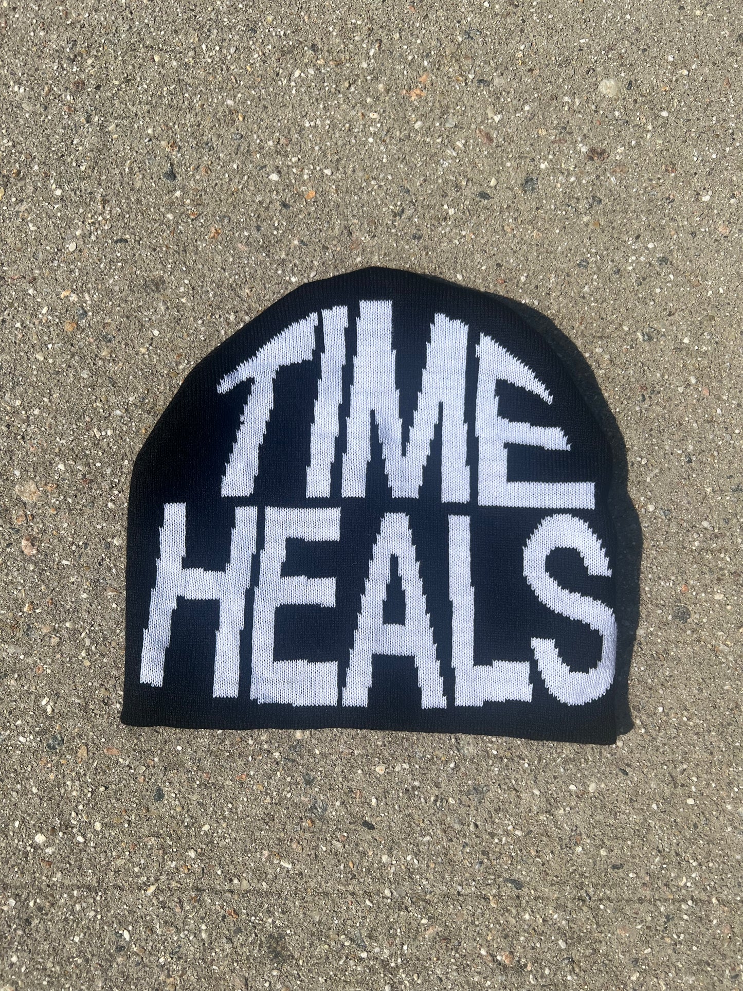 "TIME HEALS" Black/White Jacquard Woven Beanie