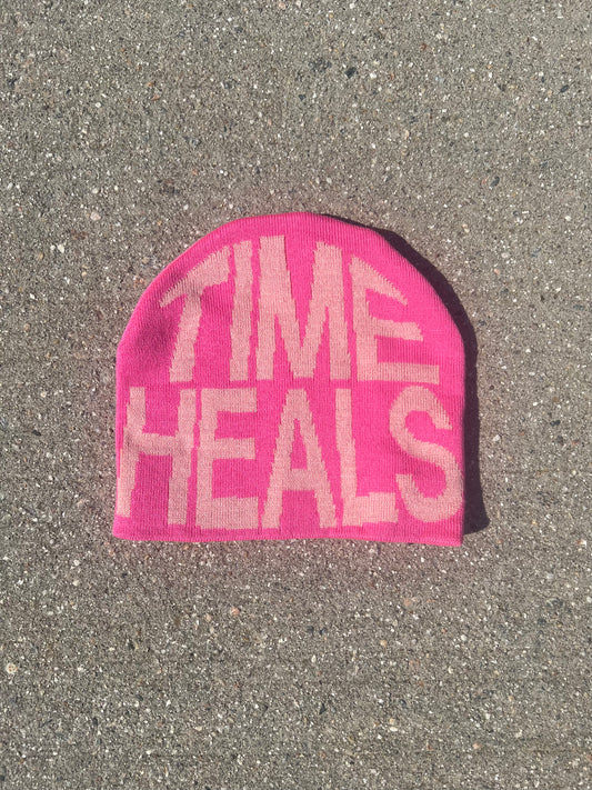 "TIME HEALS" PinkOnPink Jacquard Woven Beanie