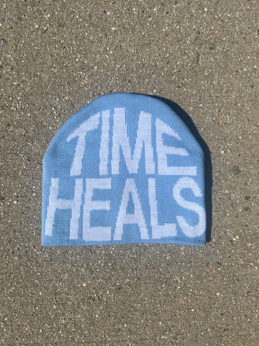 "TIME HEALS" BabyBlue Jacquard Woven Beanie