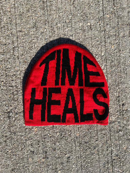 "TIME HEALS" Red/Black Jacquard Woven Beanie